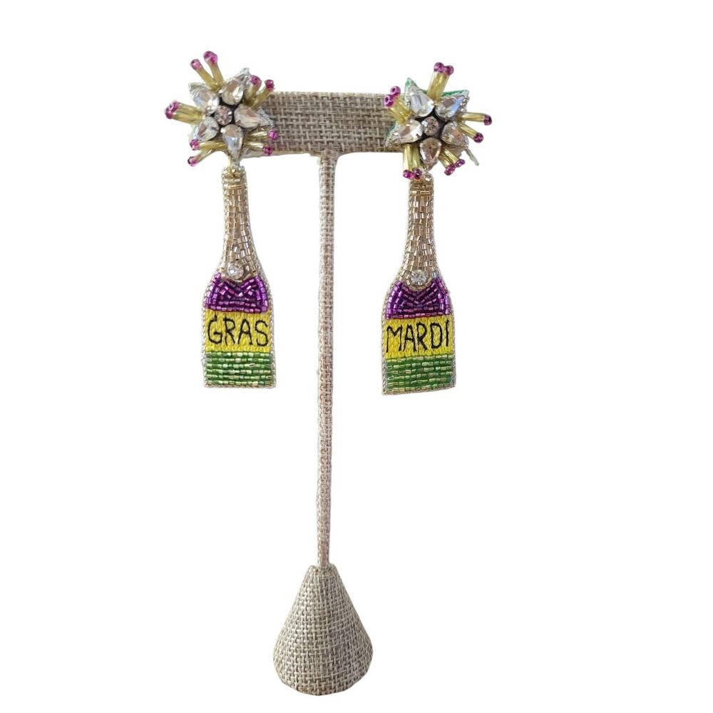 Mardi Gras Beaded Wine/Champagne Bottle Earrings